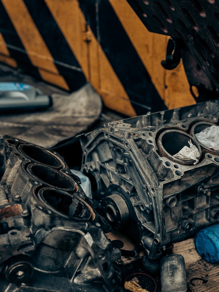 Detailed view of dismantled engine parts in a Tehran garage, showcasing machinery.